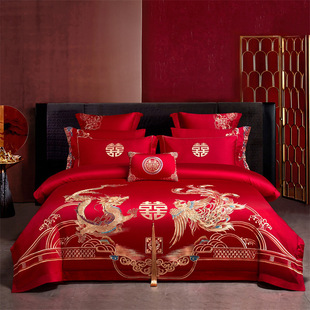 New Chinese Style Wedding Dragon and Phoenix Embroider Four-Piece Set, Pure Cotton Long-Staple Cotton Wedding Ten-Piece Set, Wedding Red Six-Piece Set