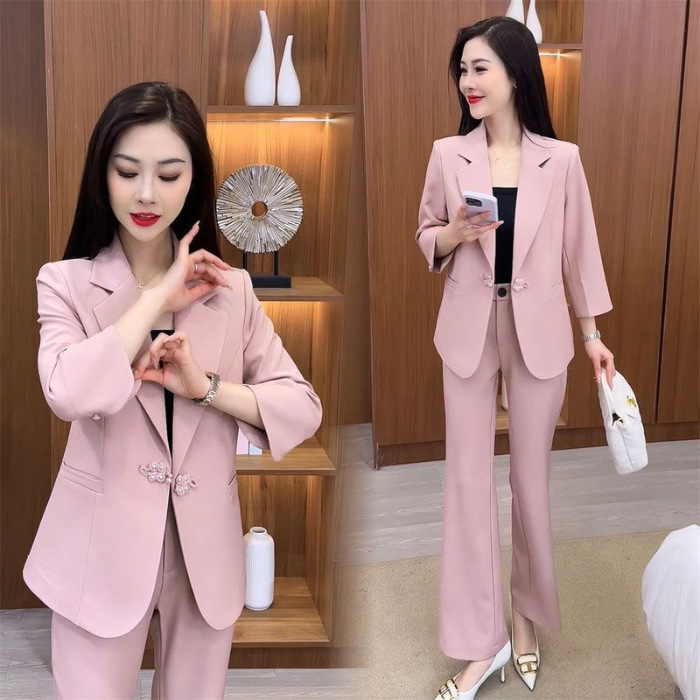 职业西装套装女2025秋季新款洋气质国风盘扣七分袖西服西裤两件套|undefined