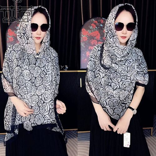 Double layer thin silk scarf women's gauze scarf magnetic buckle hooded shawl spring and summer sun protection bag turban multi-functional windproof sand hat