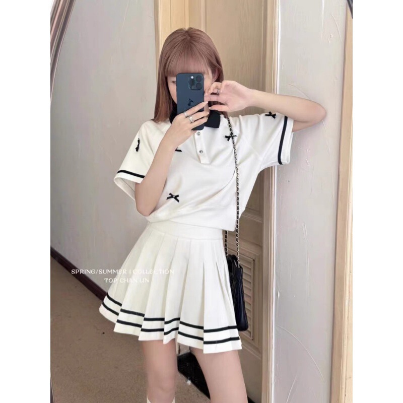 TOP学院时尚套装女夏季撞色立体蝴蝶结短袖T恤高腰百褶裙两件套|undefined