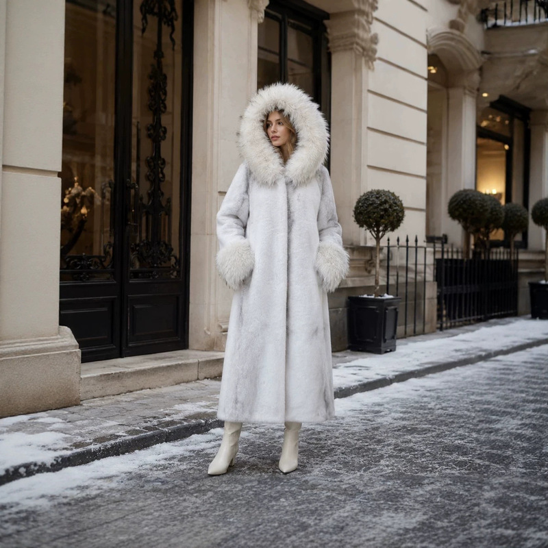 European and American Cross-Border Long-Style Eco-Friendly Fox Fur and Mink Patchwork Fur Coat, High-End Custom Wholesale Eco-Friendly Fur