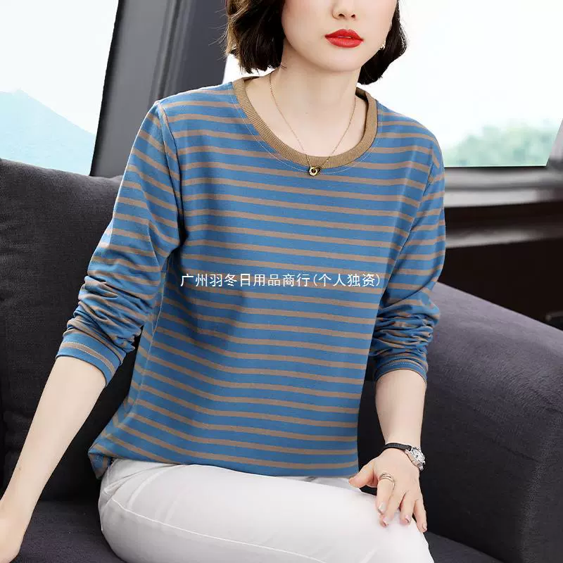 Хлопковая футболка с круглым вырезом и длинными рукавами для мам среднего и пожилого возраста, свободная футболка больших размеров 2024, весна и осень, новая нижняя рубашка-топ