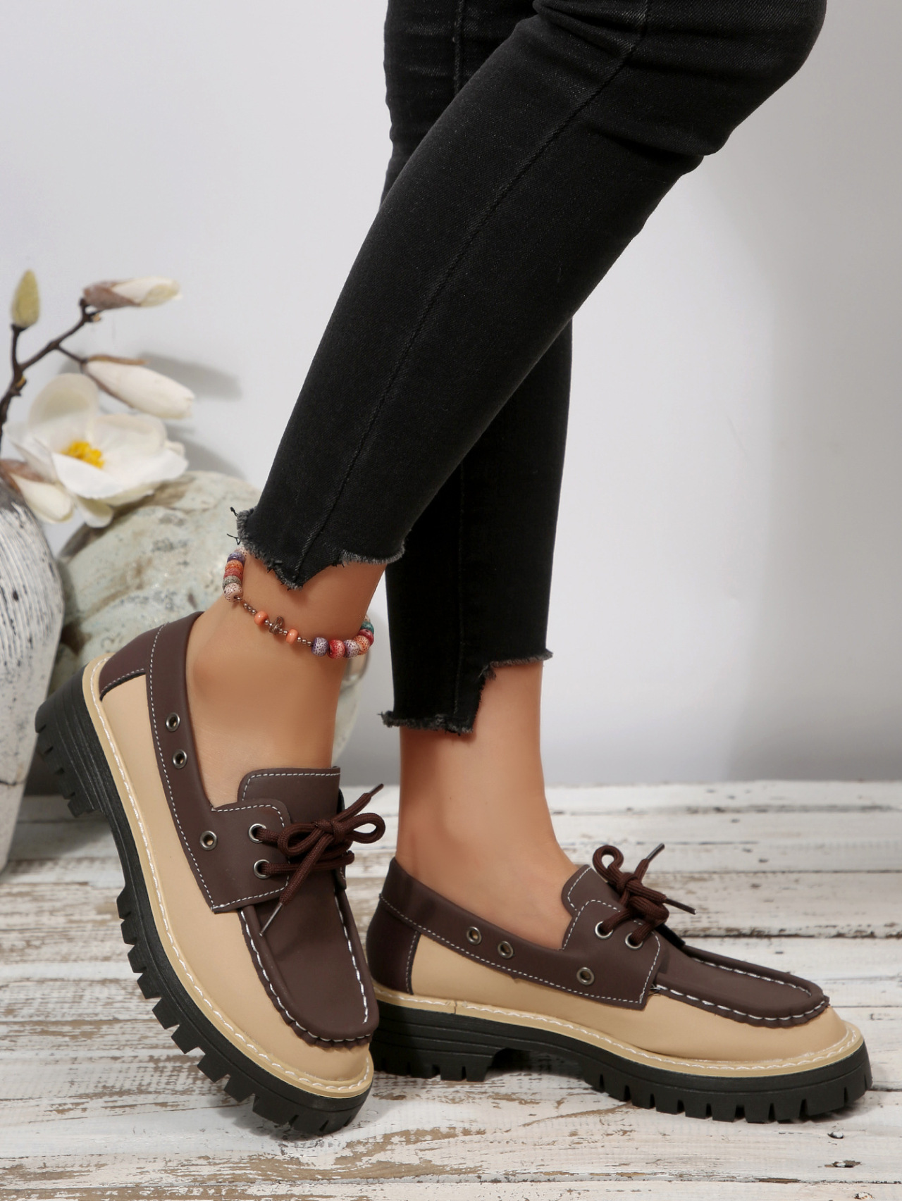 Women's Colour Block Loafers Lace Up Thick Sole Platform Shoes_voghion.com