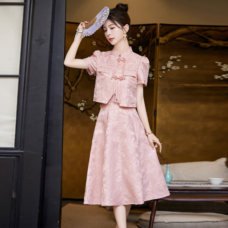 新中式国风套装裙2024夏新款轻奢高级感小香风漂亮粉色提花两件套