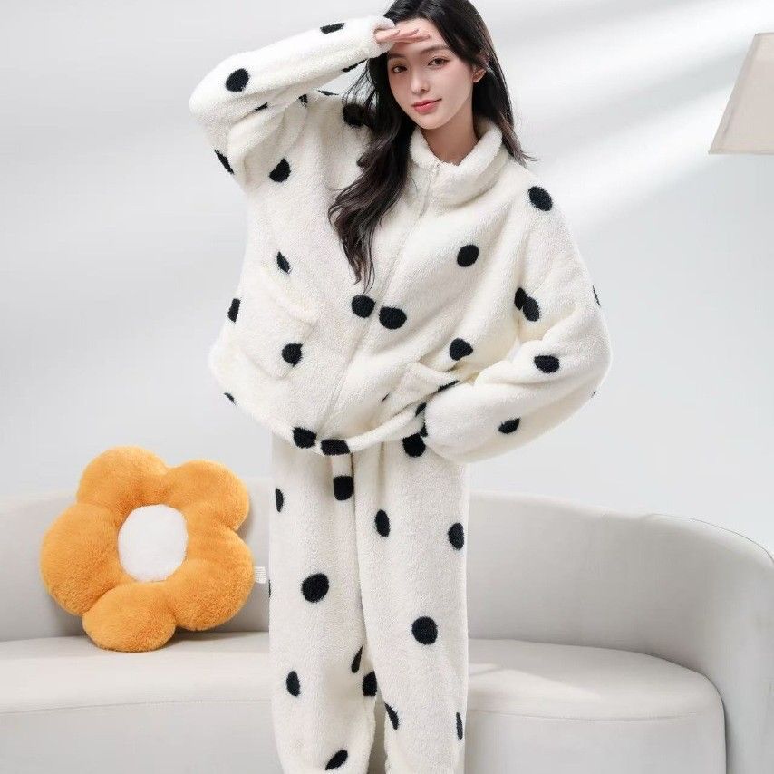 Pijamas de invierno al por mayor transfronterizos de punto de ondas de peluche largo collar de los estudiantes de ropa de casero en línea con cremallera ocio engrosado conjunto