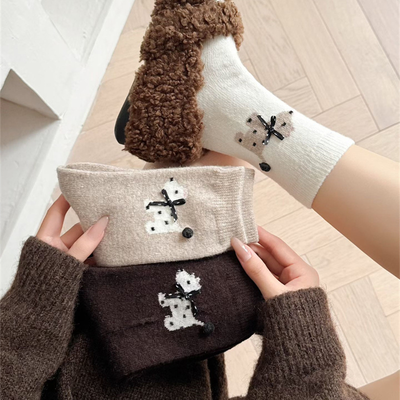 Xigao Earth Wool Socks Autumn and Winter Thickened Warm Mid-Tube Socks for Women Cute Three-Dimensional Bow Dalmatian Socks