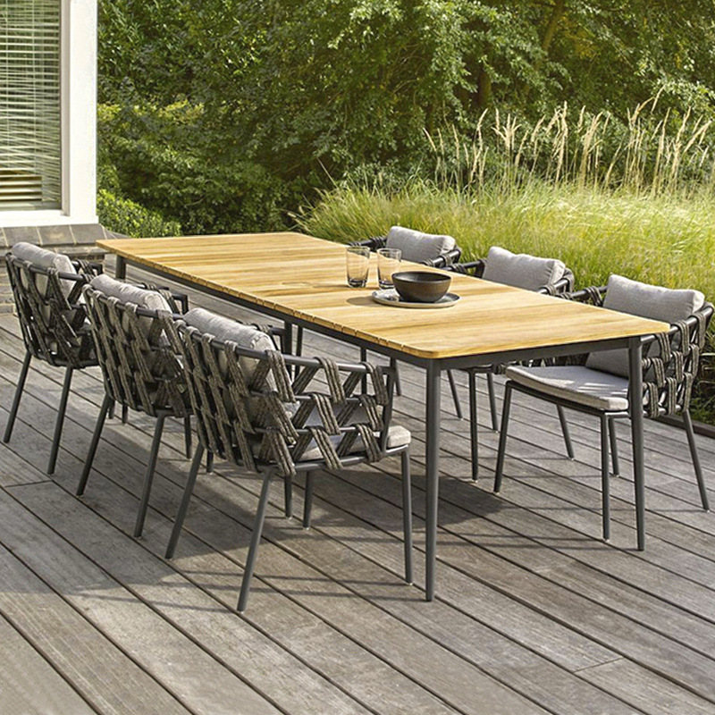 Mesa y silla al aire libre patio villa jardín ocio combinación de tela de caña sala de sol al aire libre impermeable muebles de teca protector solar