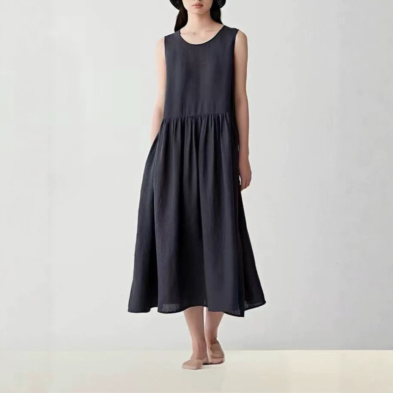 Icic Xiaohuo's New Spring and Summer Style Linen Plain Long Round Neck Sleeveless Dress
