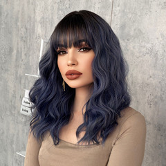 Cross-border Japanese and Korean wigs for women haze blue wavy medium-long curly hair high temperature wire wig set Blue Wigs