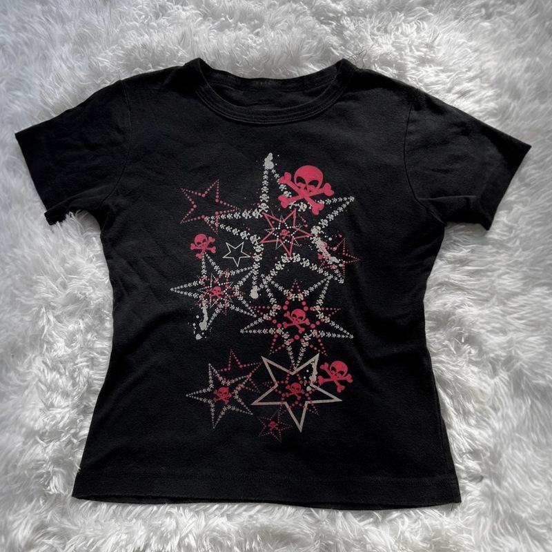 2025 Qiduo Xia Cross-Border Stylish Cool Star Star Skull Graphic T-Shirt Y2K Slim Short Top T-Shirt