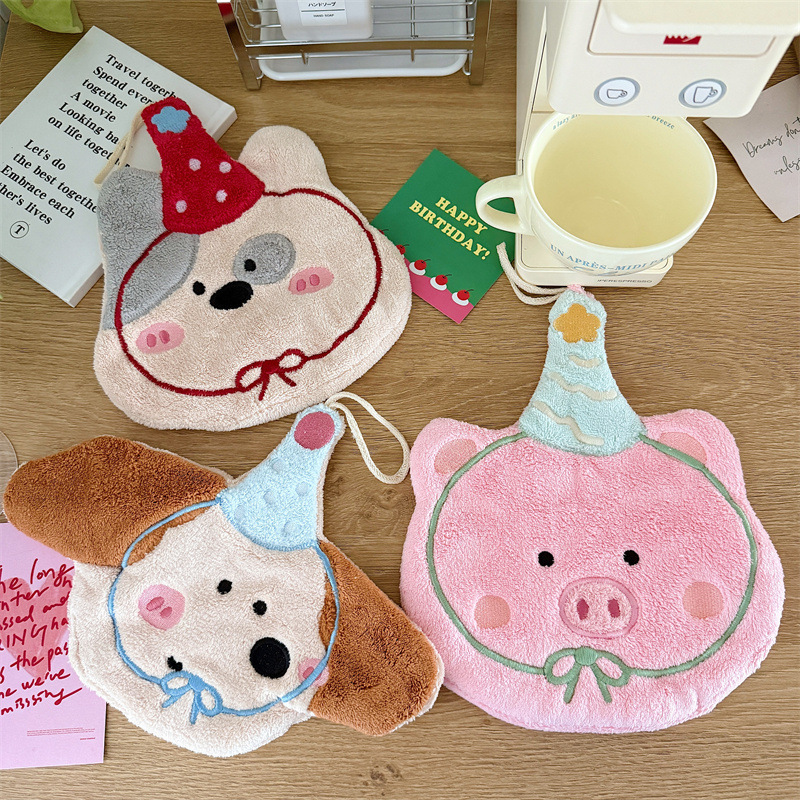 Cute Embroidered Puppy Towel Kitchen Bathroom Hangable Cartoon Coral Fleece Small Towel Absorbent Square Towel