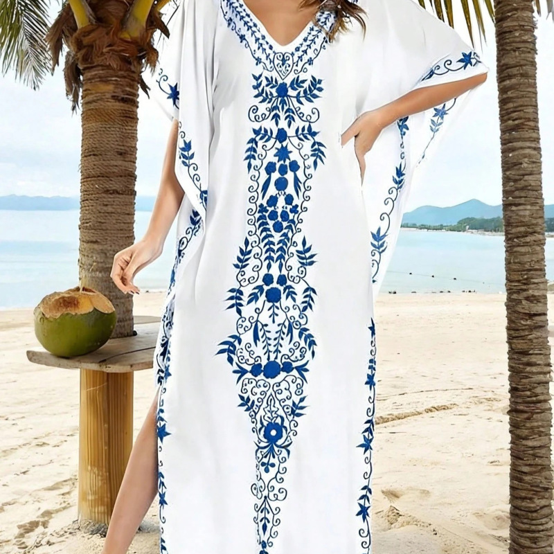 European and American Cross-Border Bohemian Style V-Neck Printed Long Robe for Women, Summer Loose Fit, Slimming Beach Vacation Sun Protection Cardigan