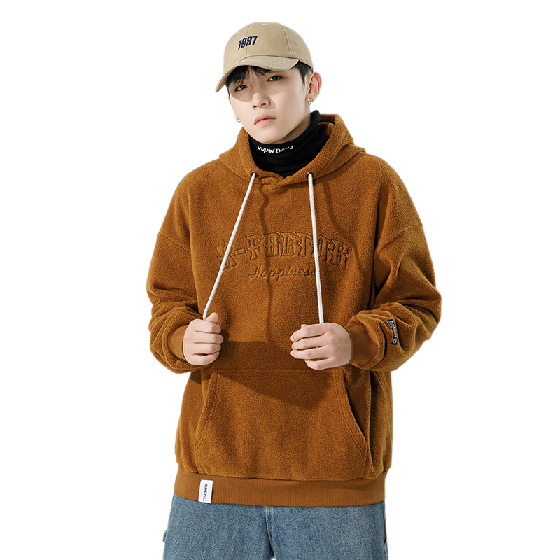 Polar fleece hooded sweater men's autumn and winter fashion brand embroidered drop-shoulder loose warm thickened polar fleece outer coat