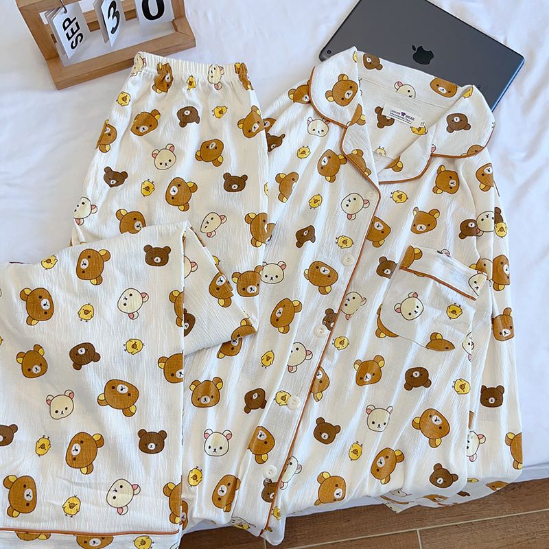 Kongsong Bear Pajamas Spring and Autumn Wrinkled Cotton Long Sleeve Cartoon Cute Kongsong Bear Anime Secondary Home Clothes