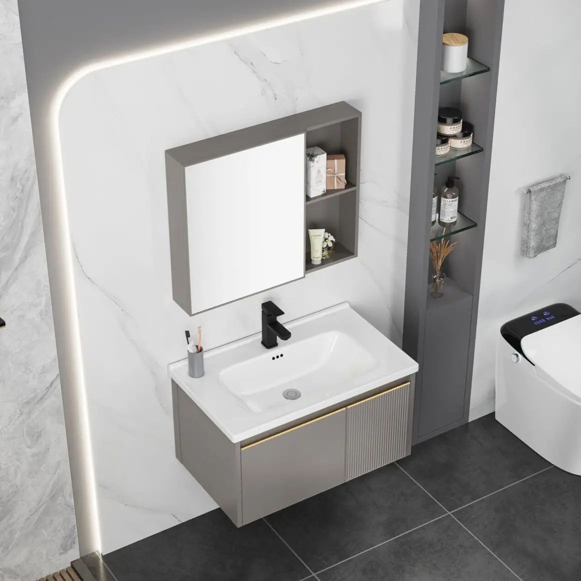 Nuevo espacio de aluminio gabinete de baño combinación de cuenca baño integrado lavabo inteligente espejo gabinete