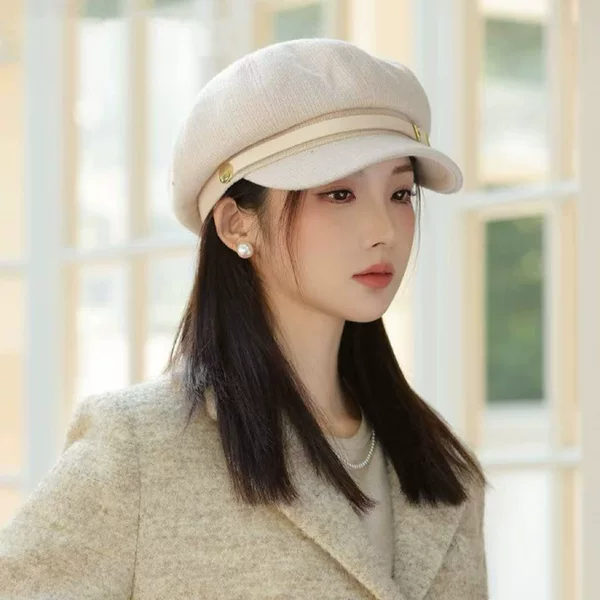 Autumn and Winter Versatile Leather Belt Buckle Octagonal Hat Korean Style Casual Warm Hat for Women, Face-Slimming Retro Octagonal Beret for Women