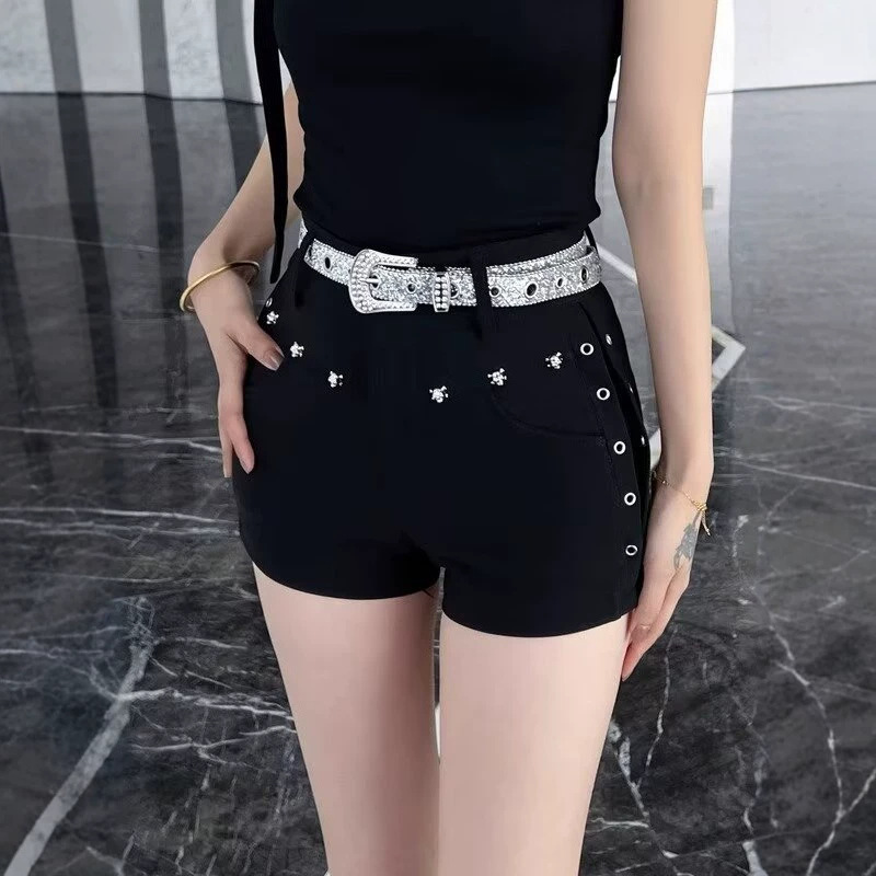 Black Denim Shorts for Women 2026 Summer New Style Studded Straight-Leg Pants Slim Fit High-Waisted Hot Pants