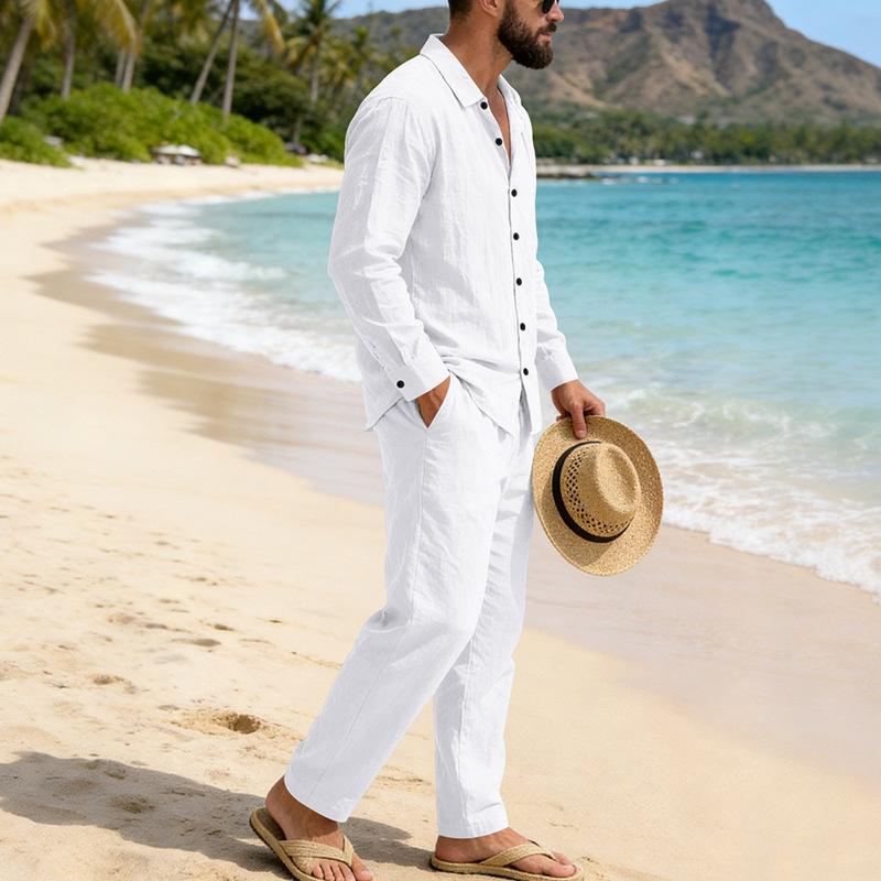 Set camicia in lino da uomo maniche lunghe completo casual mare_voghion.com