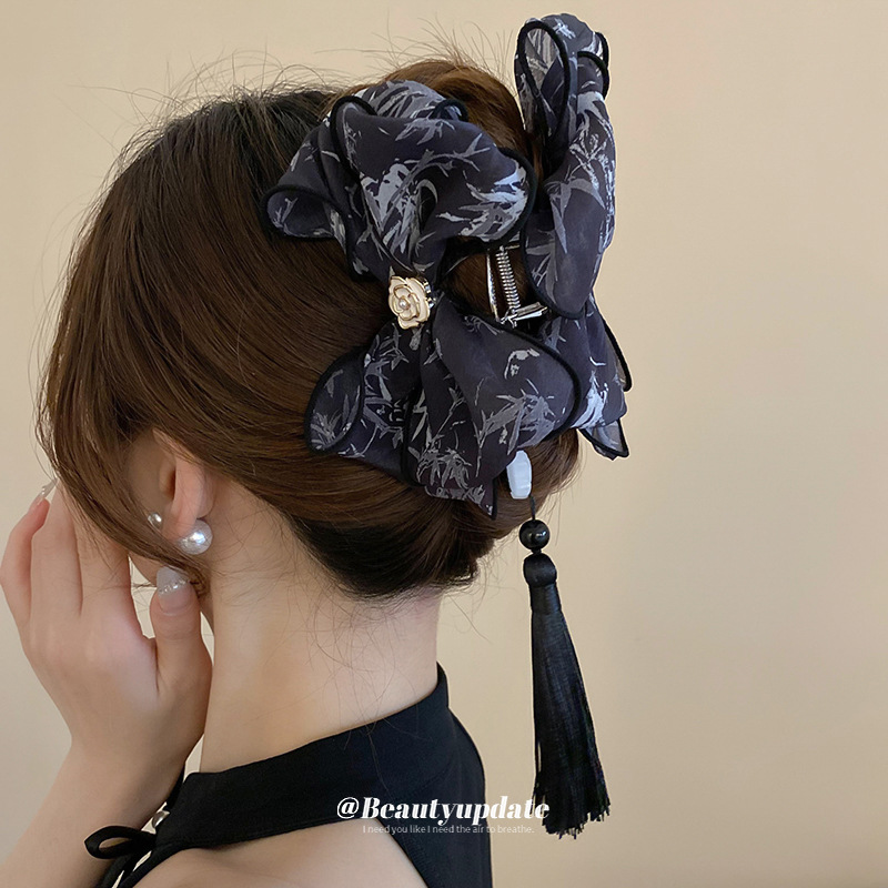 Nueva pintura en tinta china, pinza de caracteres chinos, hilo de red de súper hadas, lazo, borla de loto, pinza para el cabello, estilo antiguo, elegante, accesorios para el cabello femenino