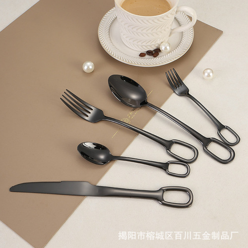 Jieyang tableware cross-border 304 stainless steel spoon ring steak knife and fork spoon titanium plated European hanging hole fork tea spoon