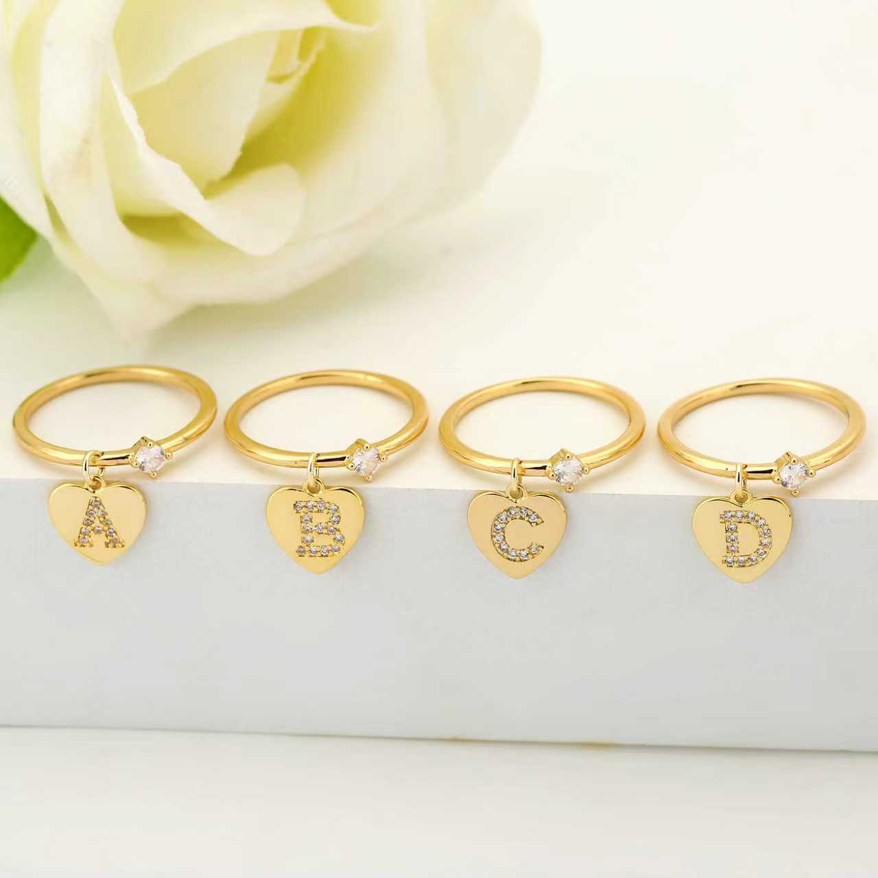 Luochen European and American Style Heart Diamond Ring High-End Elegant Niche Gift Couple Letter Ring Hand Jewelry for Women