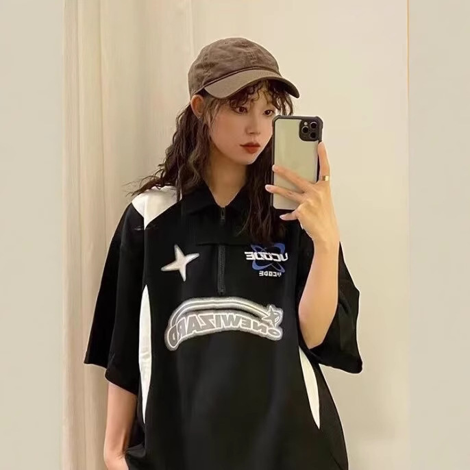 American Summer Design Sense POLO Shirt Short-sleeved Men's T-shirt Loose Durable Good-looking Racing Suit Couple's Top Trendy Brand