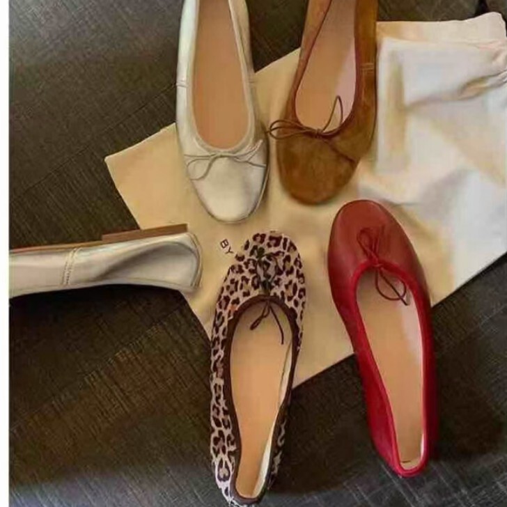 Cowhide version ~ Grape Mom with Bow Flat Ballet Shoes French Joker Round Head Shallow Mouth Temperament Single Shoes for Women