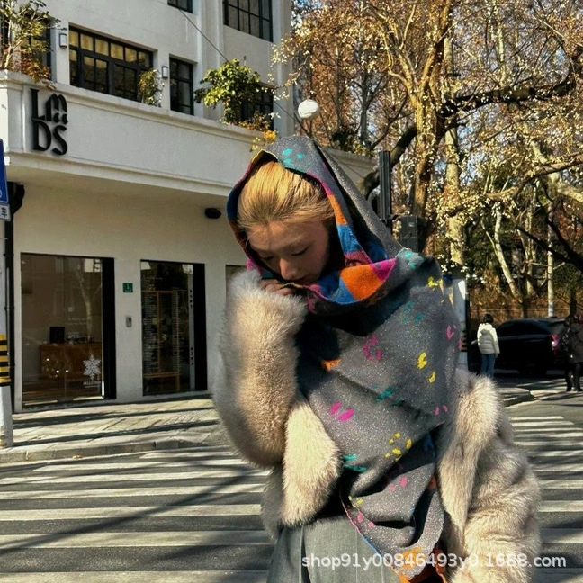 Demi-season universal scarf with tassels, keep warm double-sided rainbow cloak, Korean style