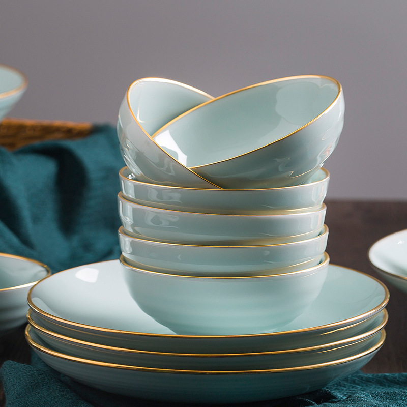 Dishes and Bowls Set for Home Use, Simple Jingdezhen Shadow Blue Tableware with Gold-Painted Blue Glaze Ceramic Bowls and Plates Combination, Jingdezhen Porcelain