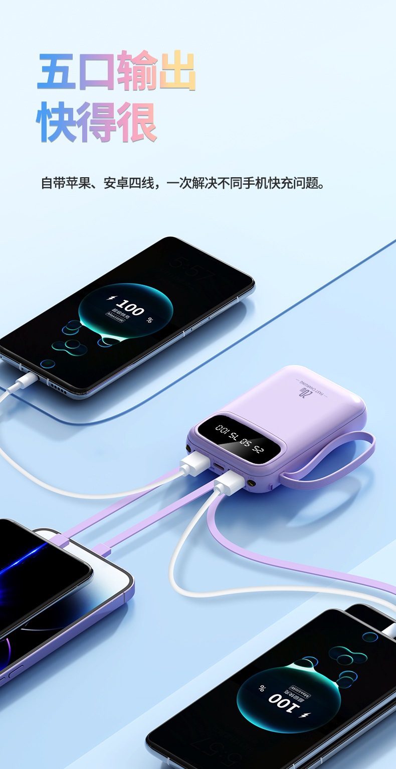 Çapraz Sınır 20000mAh Taşınabilir Güç Bankası Yerleşik Kablo Büyük Kapasiteli Mobil Pil Logo Özelleştirmesi Hediye
