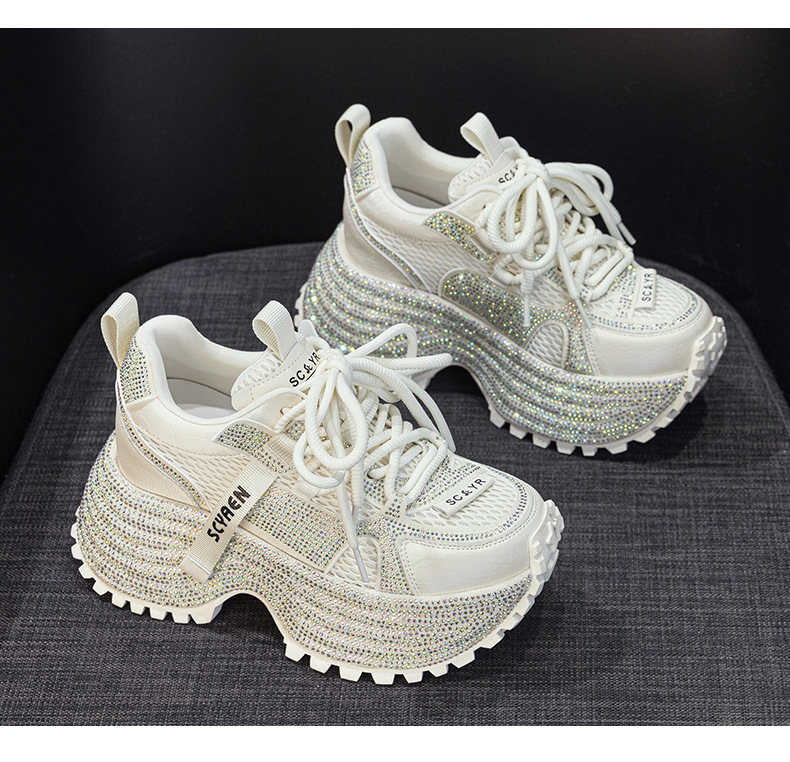 Giày sneaker nữ chunky đế dày phối đá pha lê cao cấp — Xám 5031, Be 5031 chi tiết 23