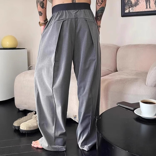 Direct Factory Supply 'Shrimp Line Single Fold Wide Comfort Drape' Contrast Color Stretch Waist Casual Pants Men Thick Loose Western Trousers