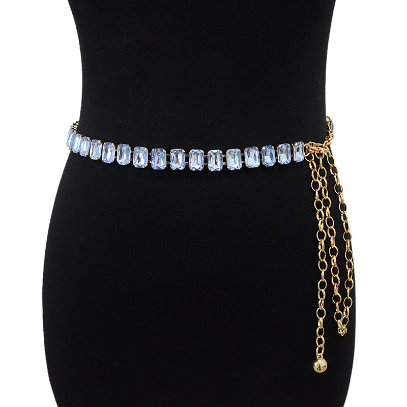 Nuevo cinturón de las mujeres brillante color sólido gema decorativa cristal con incrustaciones cadena de metal cadena de la cintura accesorios en stock al por mayor