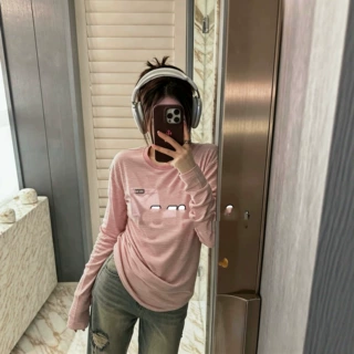 Mu家26夏季新款粉条纹宽松圆领长袖T恤女上衣百搭显瘦罩衫可代发