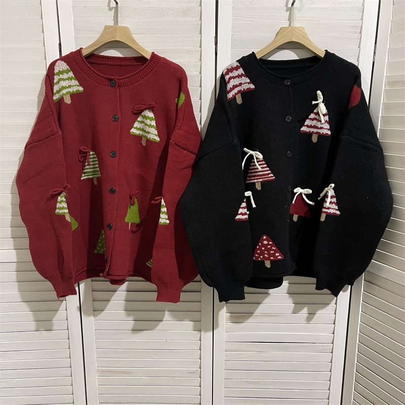 Cute Age-reducing Christmas Tree Jacquard Three-dimensional Bow Knitted Cardigan Women's Lazy Style Thick Loose Sweater Jacket