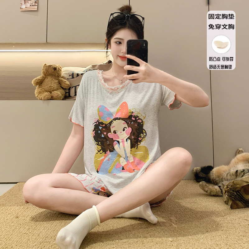 Pijamas de algodón modal para niñas dopamina, pantalones de manga corta de verano para mujer, lindo traje de tres piezas con almohadilla para el pecho, servicio a domicilio