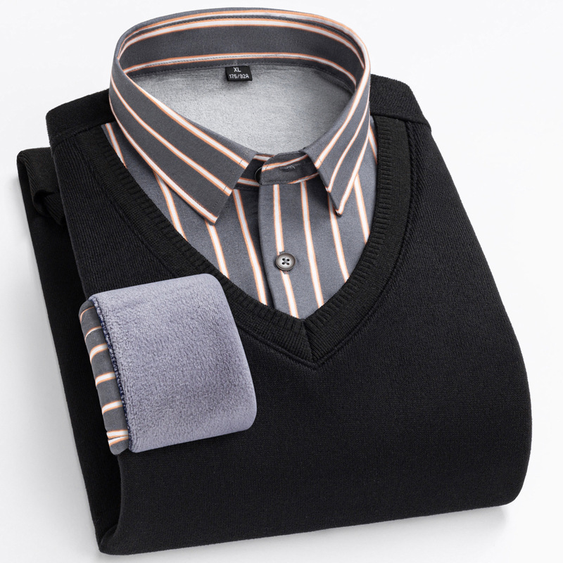 Men's Fake Two-Piece Knitted Thermal Shirt Pullover Winter Velvet Thickened Dad Wear Men's Elastic Shirt