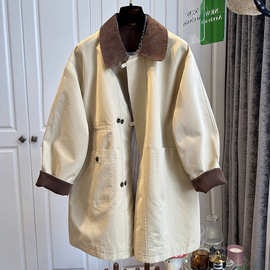 英伦风撞色翻领中长款风衣女外套宽松休闲气质超好看2025早秋新款