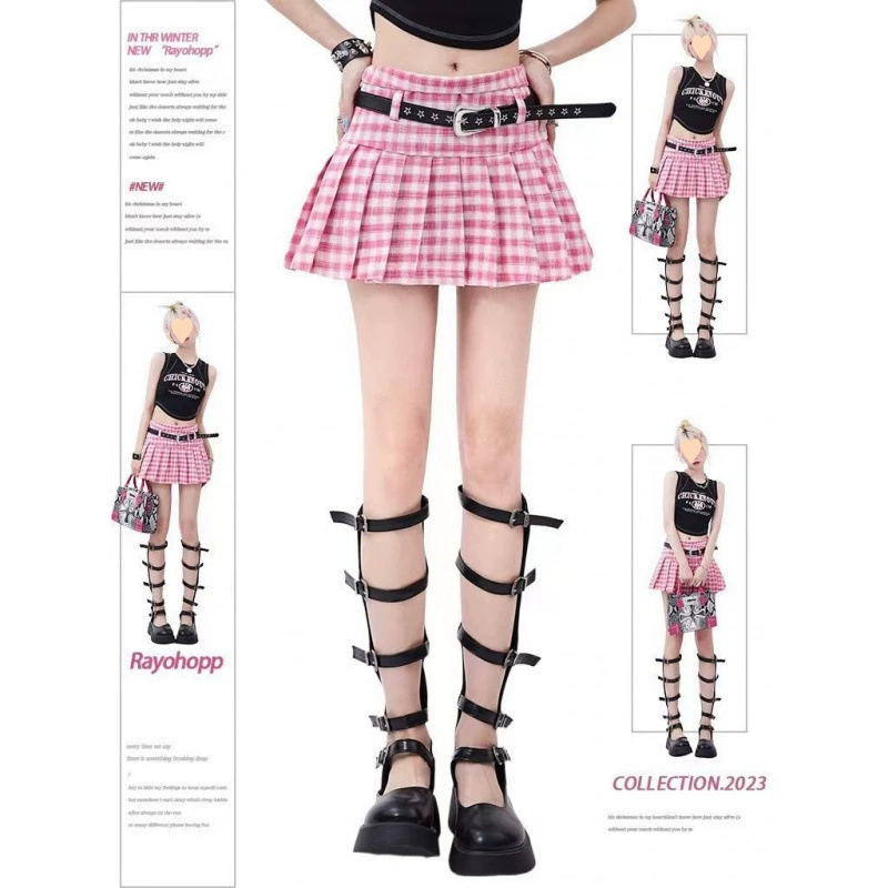 Розовая клетчатая плиссированная юбка для женщин, студенческая, милая и крутая нишевая юбка с высокой талией и открытой юбкой