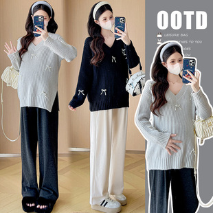 in stock Gentle Soft Waxy V-Neck Bow Sweater Autumn and Winter Loose Lazy Wide Leg Pants