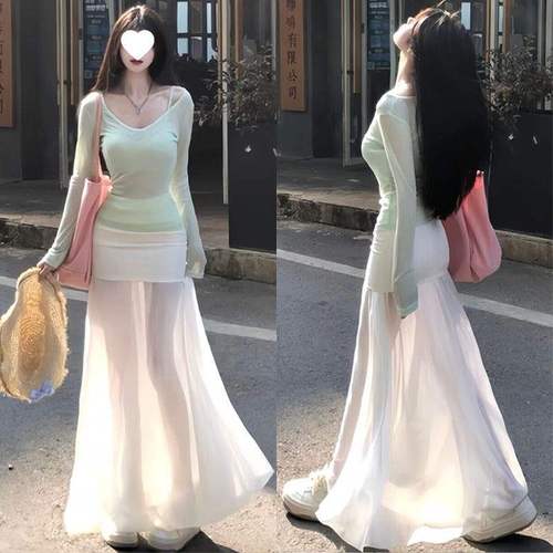 Splicing Bodycon Net Dress for Women - Summer Half Dress, Beach Vacation Style, Cool Gauze Skirt, Hot Girl Design, White Elegance