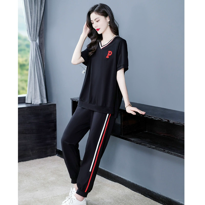 Большой размер среднего и пожилого возраста женский летний хлопок молодая мама спортивная повседневная футболка из двух частей