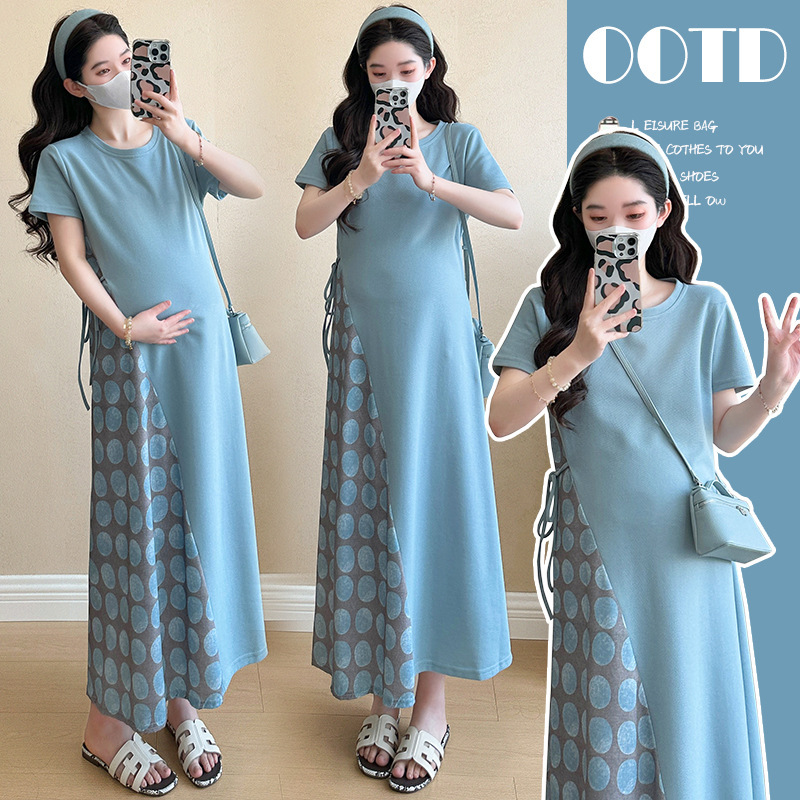 Pregnant Women Summer Fashion Mom New Loose dress Temperament French Fake Two-piece Stitching Design Sense Wave Dot dress Pregnant Women Summer Fashion Mom New Loose dress Temperament French Fake Two-piece Stitching Design Sense Wave Dot dress