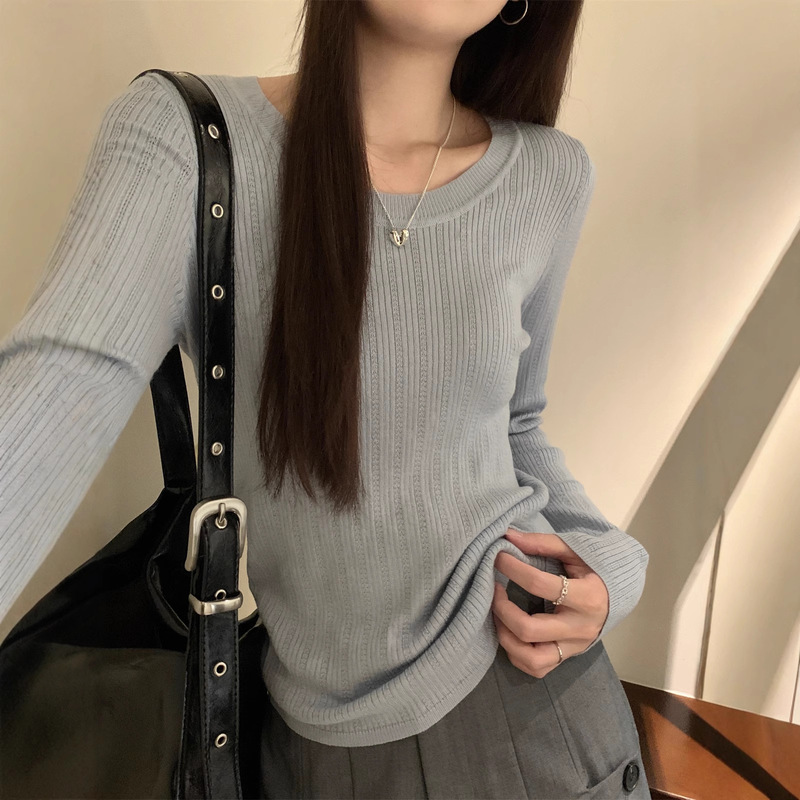 韩版秋季打底衫针织衫女生气质修身显瘦圆领长袖休闲内搭套头上衣|undefined