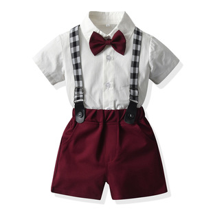 Summer Boys' Dress Suit Children's Lapel Short-Sleeved Cotton Cardigan Suspenders Shorts One-Year-Old Flower Girl Performance Clothing Wholesale