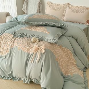 French-Style Small Fragrance Full Cotton Duvet Cover Four-Piece Set Princess-Style Pure Cotton Duvet Cover Bed Sheet Skin-Friendly Naked Sleep Bedding Three-Piece Set