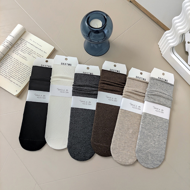 Grey Socks Women's Mid-tube Socks Autumn Cotton Korean-style Solid Color Roll-up Loafers Stacked Socks Black Matching Leather Shoes