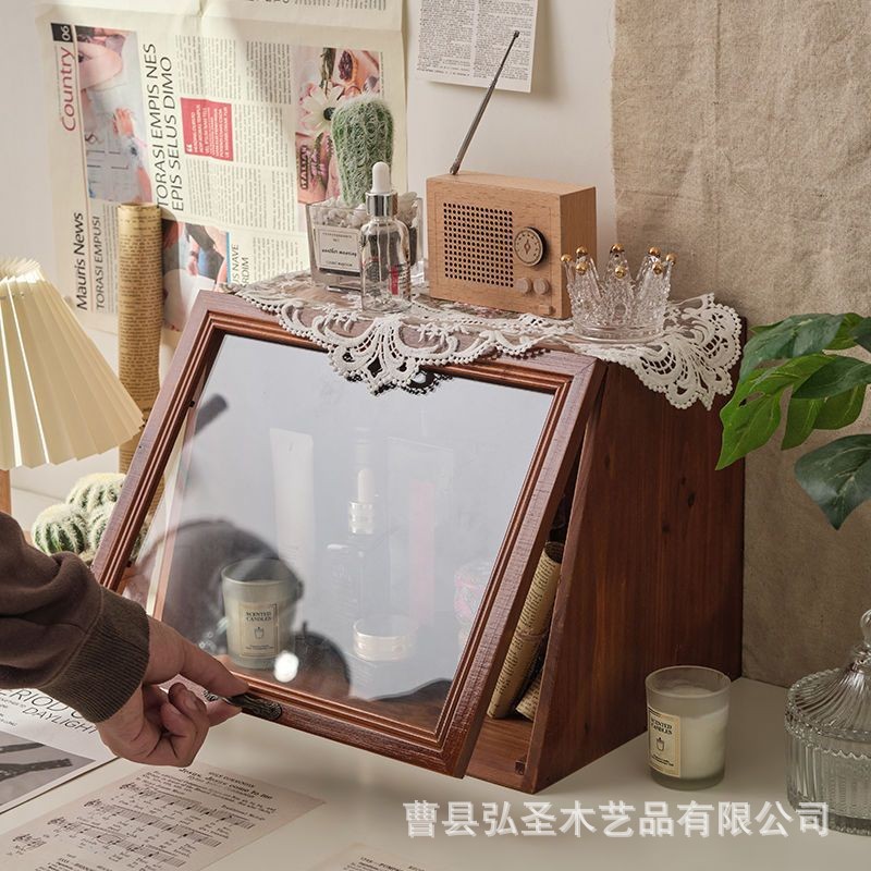 Caja de almacenamiento de escritorio de madera caja de almacenamiento retro multifuncional gabinete de almacenamiento de cosméticos de madera juego de té taza de té tazón caja de madera