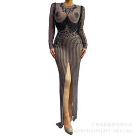 跨境演出服夜店DJ酒吧女歌手派对性感透视满钻舞队主题秀黑笆篱