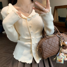 法式小香风翻领木耳边针织开衫女秋冬新款设计感褶皱气质外搭上衣